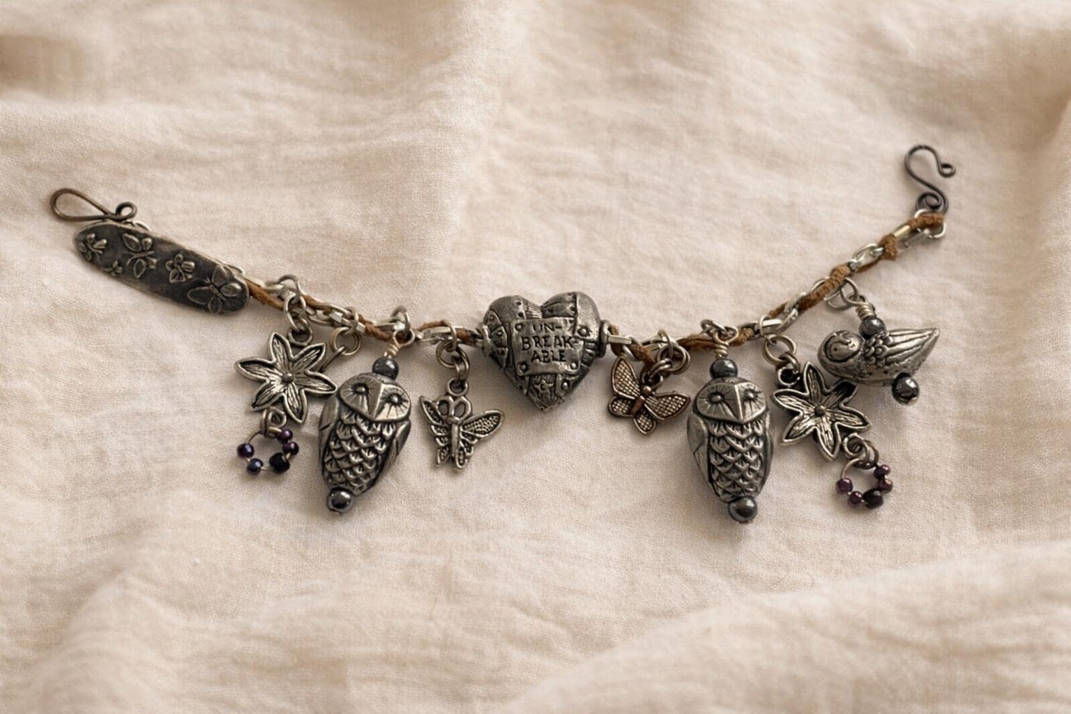 Vintage Charm Bracelet Silver Tone Owls, Birds, “Unbreakable” Heart, Boho Charm Bracelet