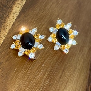 Vintage Runway Couture Black Enamel & Crystal 1980&#39;s rare signed Monet clip earrings