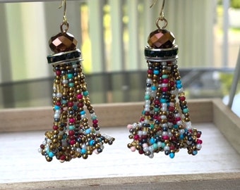 Stunning vintage beadwork tassel dangle earrings