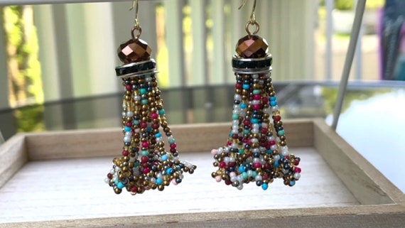Stunning vintage beadwork tassel dangle earrings