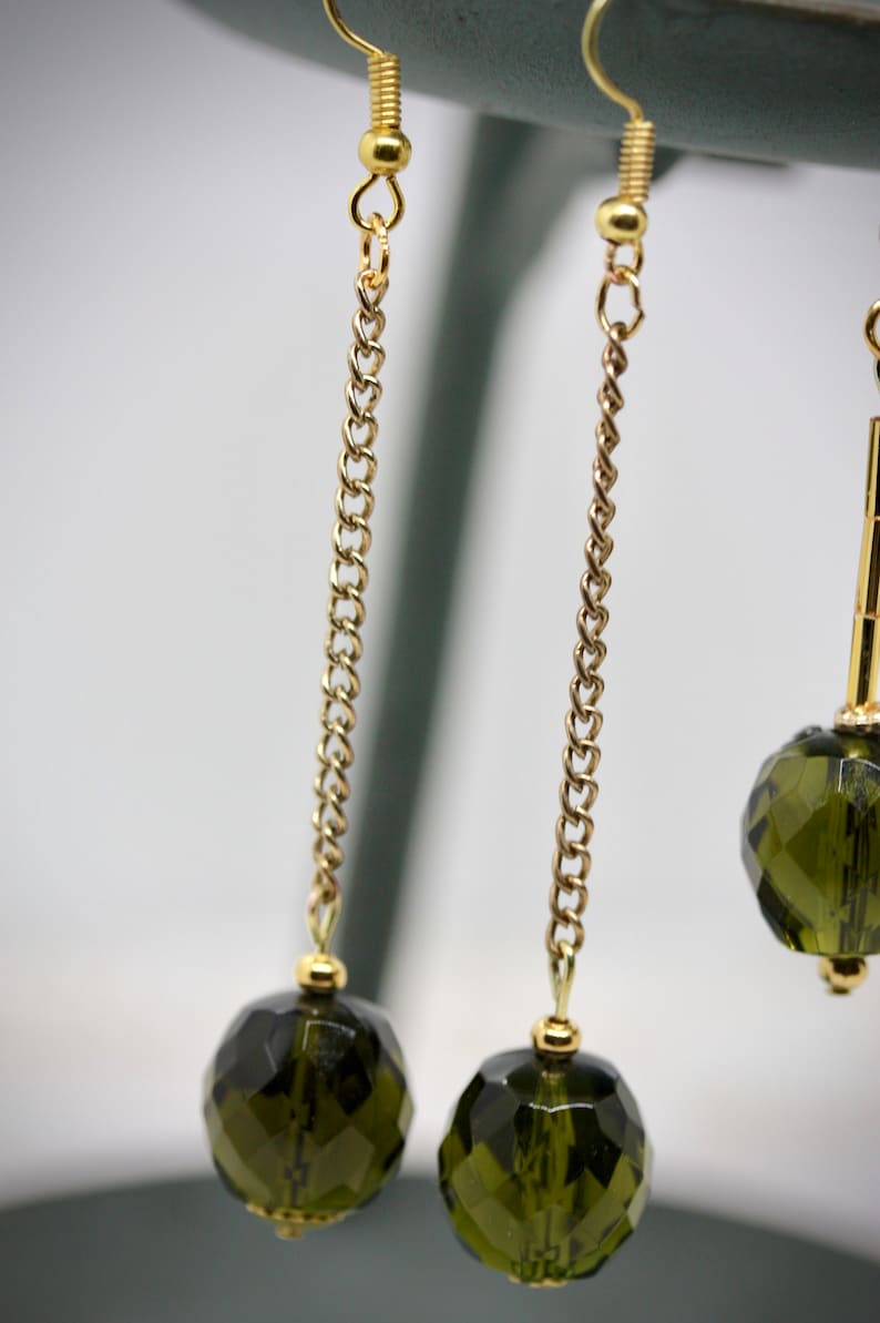Your choice of handmade upcycled earrings findings and ear wires made of vintage faceted olive green dangles combined with new beads
