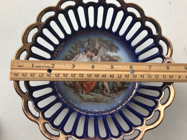 Porcelain Basket with Angel and two women Scene by Friedrich Eger Martinroda Germany PM golden porcelain basket and 24 karat gold