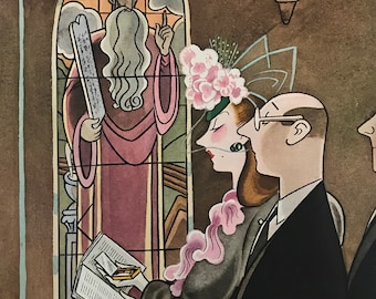 La portada original de la revista NUEVA YORKER - 31 de marzo de 1945 - artista Rea Irvin - pareja en la iglesia - ¡Listo para enmarcar!