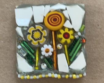 Flower garden Mixed Material Mosaic Assemblage art - magnet or pin