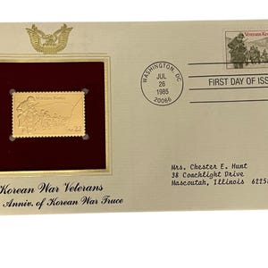 Koreaanse oorlogsveteranen - Anniversary of Truce - stempel eerste dag van uitgifte en 22 kt gouden replica met infokaart - van de Postal Society