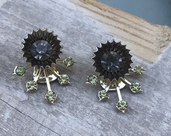 Unique and fun vintage floral rhinestone clip earrings