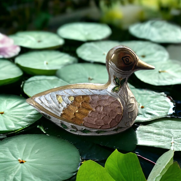 Stunning vintage Brass Chinese Cloisonne Enamel Mallard Duck Figurine, paperweight - Made in India