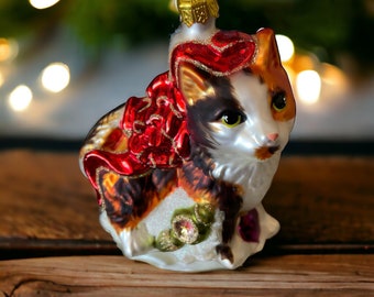 Incantevole ornamento natalizio con gatto in vetro - non firmato