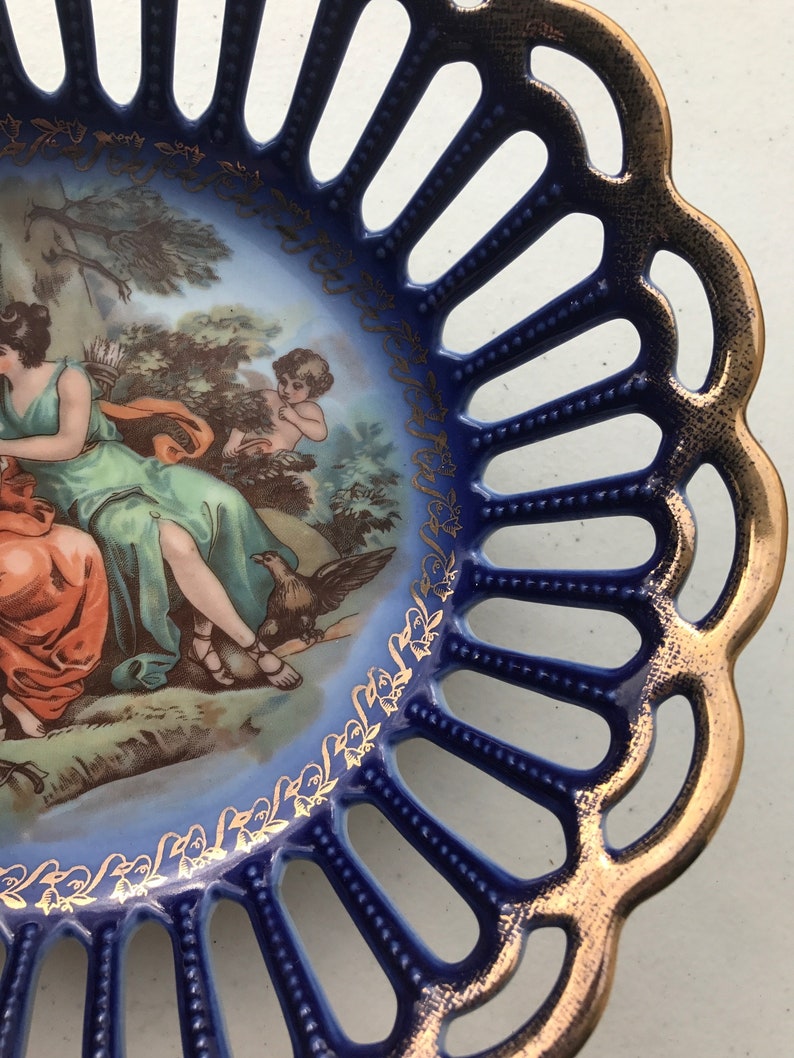 Porcelain Basket with Angel and two women Scene by Friedrich Eger Martinroda Germany PM golden porcelain basket and 24 karat gold