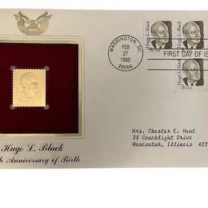 Hugo L. Black - Ersttagsmarke & 22K Gold Replica mit Info-Karte - von der Postal Commemorative Assoc's Great American Stamps