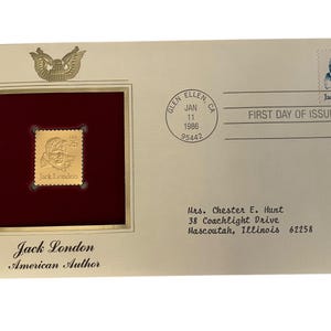 Autor Jack London Ersttagsmarke & 22K Gold Replica mit Infokarte - von der Post Assoc Great American Stamps