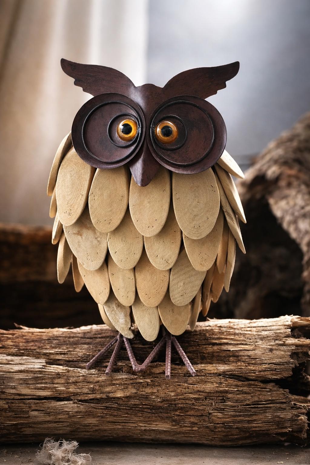 Driftwood & Metal Owl Sculpture – Mid Century Modern MCM Style