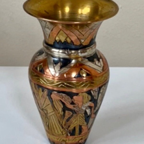 Islamic? Egyptian? Vintage tri colored etched mini vase urn - brass, silver, copper