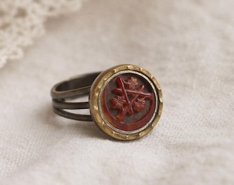 Vintage Intaglio Signet Ring, Carved Red Glass Seal Ring, Roman Revival Style, Gold Tone Statement Ring