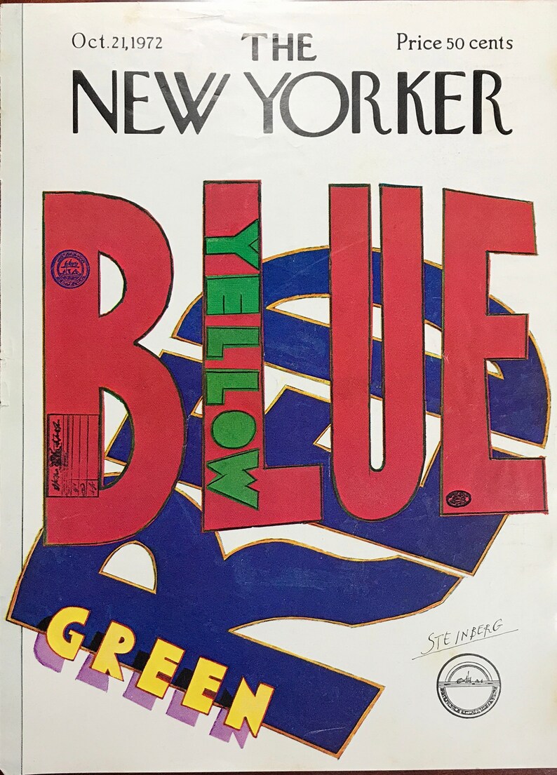 以下が含まれることがあります： 1972年10月21日号のニューヨーカー誌の表紙は、赤、緑、黄色の「BLUE」という言葉と、下部に黄色の「GREEN」という言葉が書かれたカラフルなイラストが特徴です。表紙はスタインバーグによるものです。