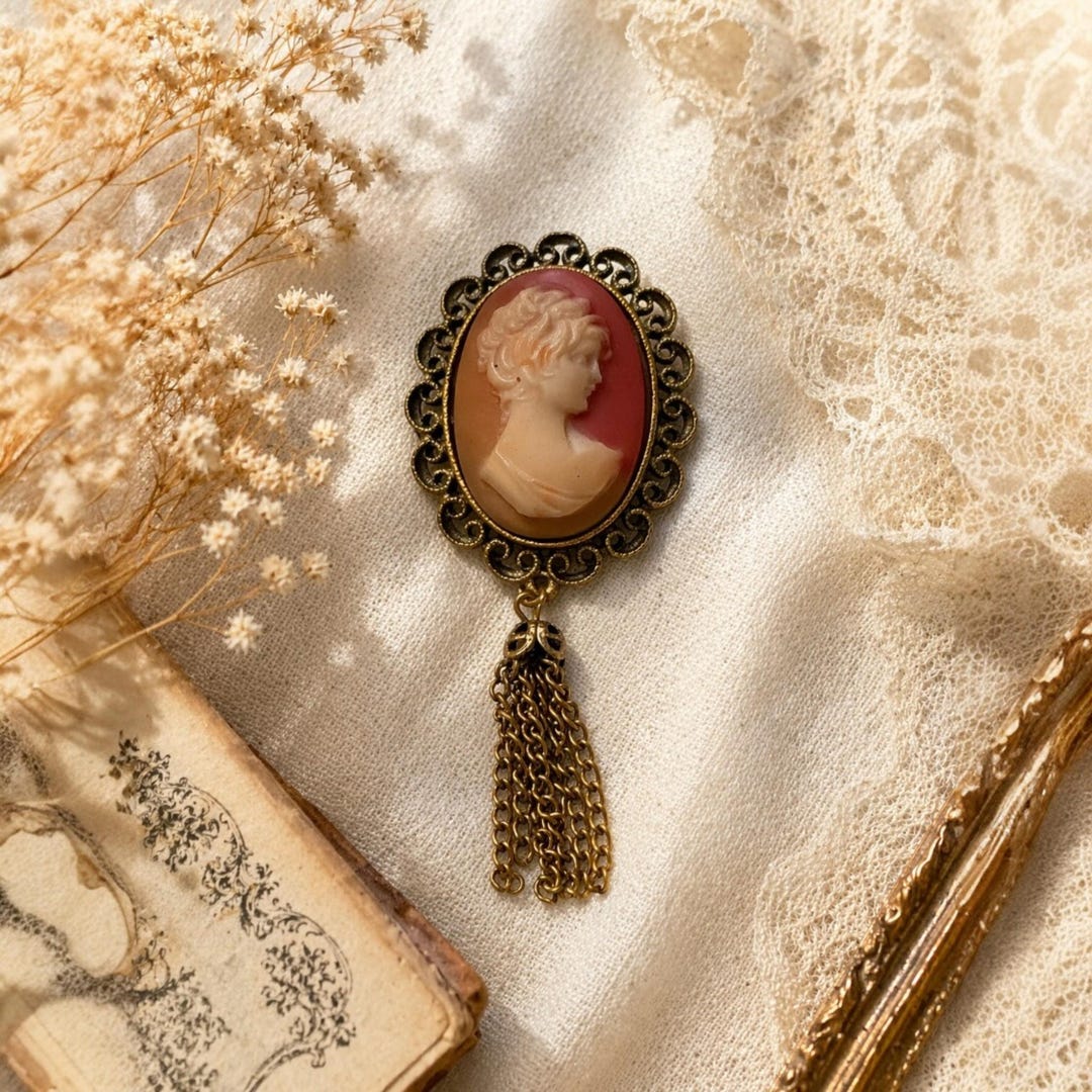 Vintage Cameo Brooch With Tassel, Victorian Revival Pin, Romantic ...