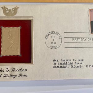Carter Woodson, Black Heritage Series - selo de 20 centavos em perfeitas condições e réplica de ouro 22K da Postal Commemorative Assoc Great American Stamps