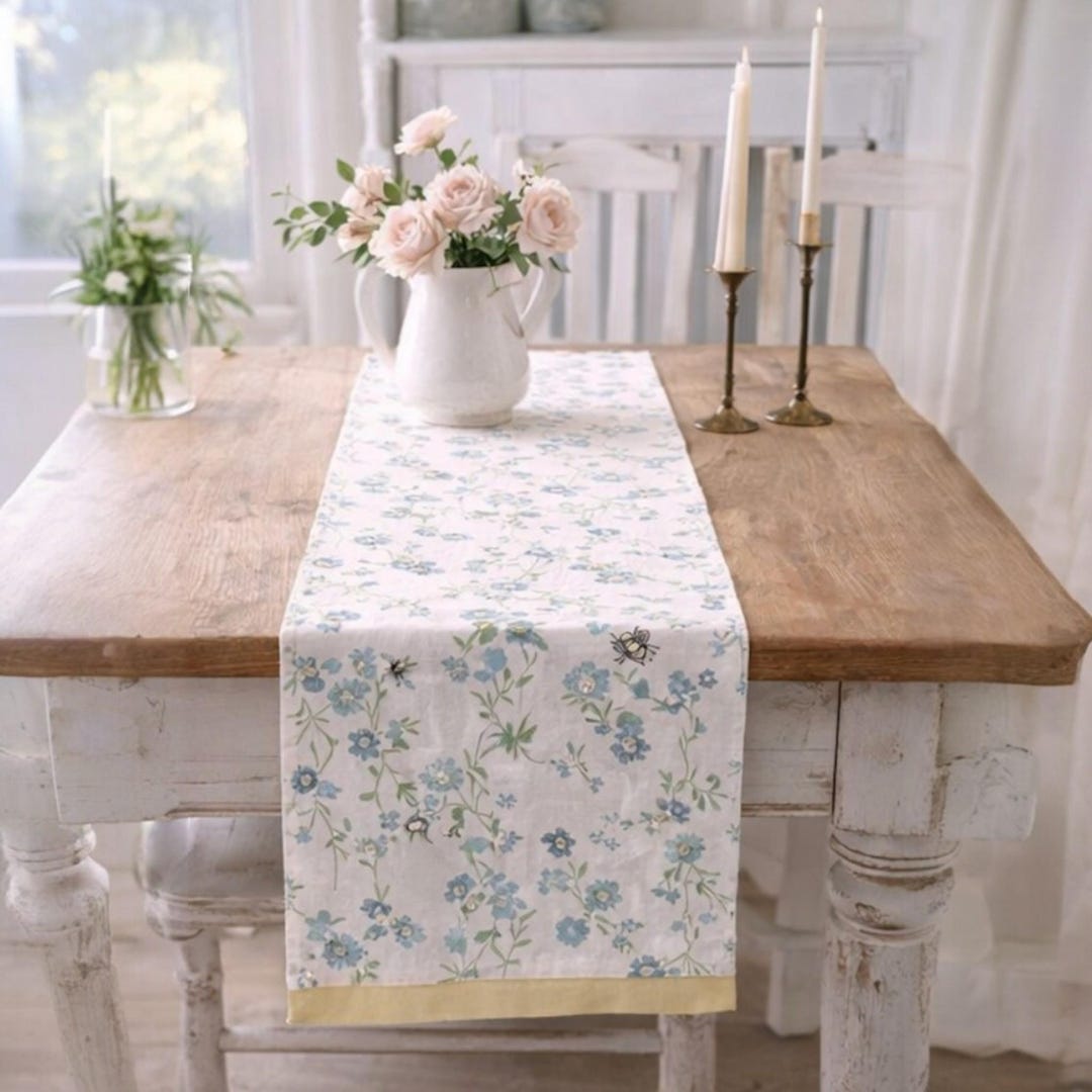 Rachel Ashwell Prairie Table Runner Floral Bee Linen Cottagecore Blue ...