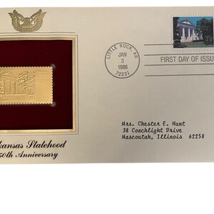 Francobollo del primo giorno di emissione per il 150° anniversario dello Stato dell'Arkansas e replica in oro 22K con scheda informativa