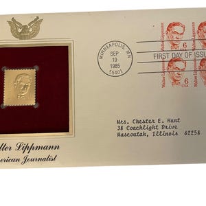 Amerikanischer Journalist - Walter Lippmann - Ersttagsbriefmarke & 22K Gold Replica mit Infokarte - Postal Commemorative Society