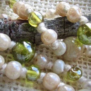 Cream and green glass beaded vintage necklace hand knotted image 1