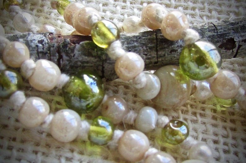 Cream and green glass beaded vintage necklace hand knotted image 1