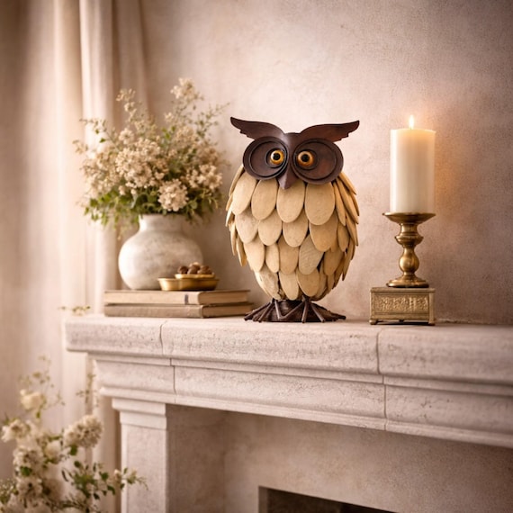 Driftwood & Metal Owl Sculpture – Mid Century Modern MCM Style