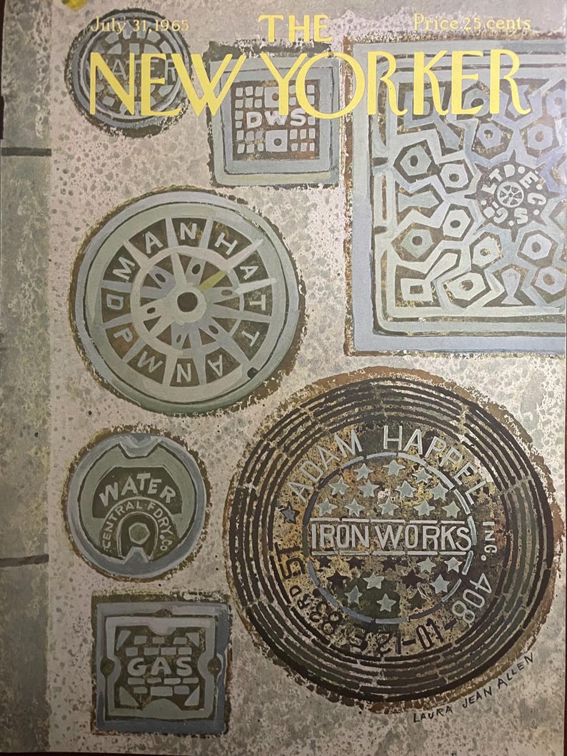 May include: The New Yorker magazine cover from July 31, 1965, features illustrations of various manhole covers and utility access points. The cover art includes the magazine's logo and the artist's signature, Laura Jean Allen.