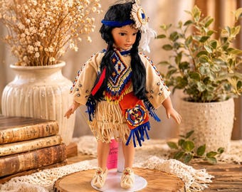 Vintage 15 Inch Collector Doll with Beaded Outfit Display Doll with Stand Decorative Shelf Decor Cultural Style