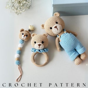 Bear Crochet Pattern, Tutorial, Bear Crochet Bundle pdf, Boy, Bear Pacifier clip, Bear Rattle, Amigurumi pattern, baby shower gift, decor