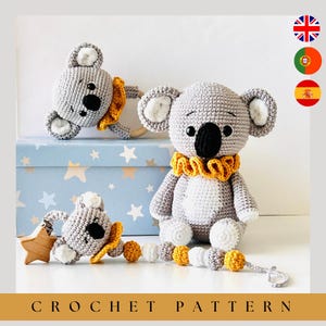 May include: Crochet koala bear toys in gray, white, and yellow. One koala has a wooden ring, another has a star-shaped clip, and the largest koala has a yellow ruffled collar. The text "CROCHET PATTERN" is at the bottom.