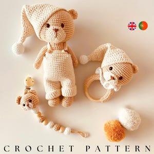 SCHEMA Kit all'uncinetto per neonati: orsetto, sonaglio e clip per ciuccio, schema di uncinetto per orsi, schema di amigurumi, set regalo all'uncinetto per baby shower