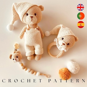 Paquete de patrones de crochet, tutorial en PDF, clip para chupete, sonajero, patrón de oso de crochet, patrón de amigurumi, regalo para baby shower, decoración para recién nacidos