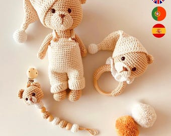 Zestaw wzorów szydełkowych, samouczek PDF, klips do smoczka, grzechotka, wzór szydełkowy na misia, wzór amigurumi, prezent na baby shower, wystrój dla noworodka