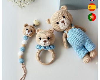 Wzór na szydełkowego misia, samouczek, pakiet szydełkowego misia w formacie PDF, chłopiec, klips do smoczka w kształcie misia, grzechotka w kształcie misia, wzór amigurumi, prezent na baby shower, dekoracja