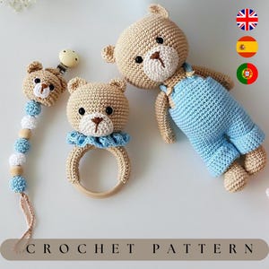 Bear Crochet Pattern Bundle, Amigurumi Rattle Pacifier Clip (PDF)