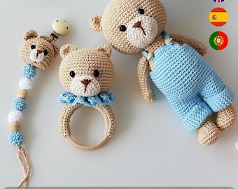 Zestaw wzorów szydełkowych na misia, grzechotkę amigurumi do smoczka (PDF)