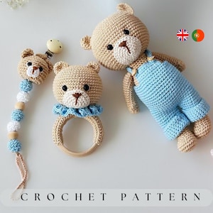 KIT PATTERN Bear PDF, Bear Crochet Bundle pdf, Crochet Rattle Bear Pacifier Clip, Tutorial, Bear Amigurumi Pattern, baby shower gift, decor,