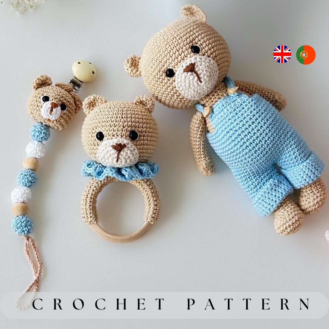 KIT PATTERN Bear PDF, Bear Crochet Bundle pdf, Crochet Rattle Bear Pacifier Clip, Tutorial, Bear Amigurumi Pattern, baby shower gift, decor,