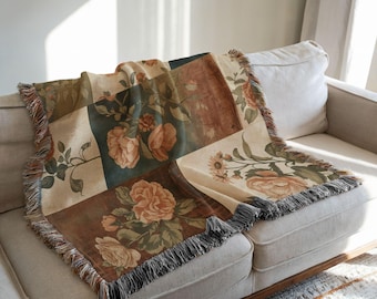 Floral Patchwork Woven Blanket, Vintage Botanical Tapestry Throw, Cottagecore Floral Decor, Cozy Heirloom Style Throw