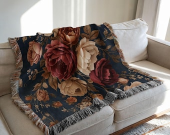 Navy Floral Woven Blanket, Botanical Tapestry Throw, Cottagecore Home Decor, Cozy Boho Blanket, Vintage Style Floral Throw Blanket