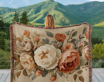 Cream Floral Woven Blanket, Botanical Tapestry Throw, Cottagecore Home Decor, Cozy Boho Blanket, Vintage Style Floral Throw Blanket