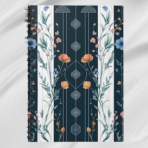 Art Deco Floral Spiral Notebook 6x8 Lined Hard Cover Journal with Orange Wildflowers, Blue Stripes, Geometric Accent, Gift for Her