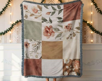 Floral Patchwork Woven Blanket, Vintage Botanical Tapestry Throw, Cottagecore Floral Decor, Cozy Heirloom Style Throw