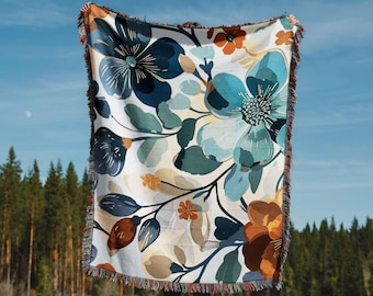 Blue Floral Woven Cotton Blanket, Coastal Cottagecore Throw