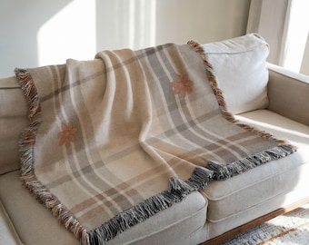 Floral Plaid Woven Blanket, Botanical Tapestry Throw, Cottagecore Home Decor, Cozy Boho Blanket, Vintage Style Floral Throw Blanket
