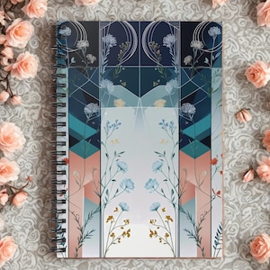 Geometric Floral Spiral Notebook 6x8 Art Deco Botanical Hard Cover Journal with Pastel Gradient Panels, Gift for Her, 118 Pages