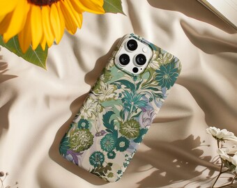 花柄スマホケース：ティールターコイズボタニカルデザイン、丈夫なカバー