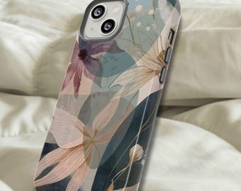 ボタニカルラインアートの携帯電話ケース、エレガントな花柄デザイン