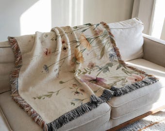 Floral Woven Blanket, Botanical Tapestry Throw, Cottagecore Home Decor, Cozy Boho Blanket, Vintage Style Floral Throw Blanket